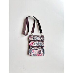 LESPORTSAC Kasey Pink Brown Blue Floral Paisley Triple Zip Crossbody Purse